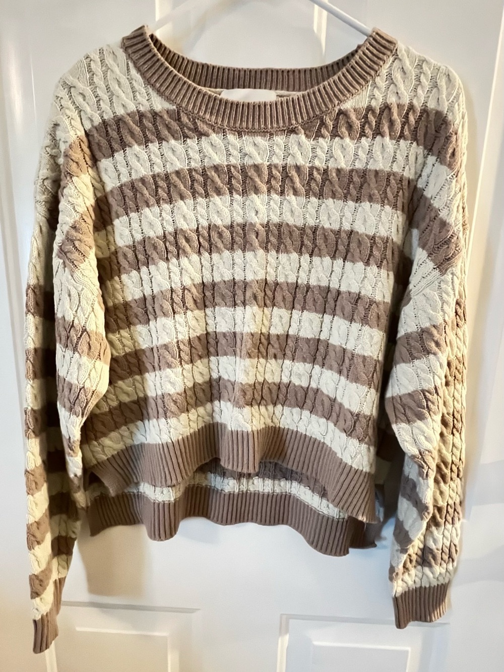 Striped Taupe and Cream Cable-Knit Crewneck Sweater